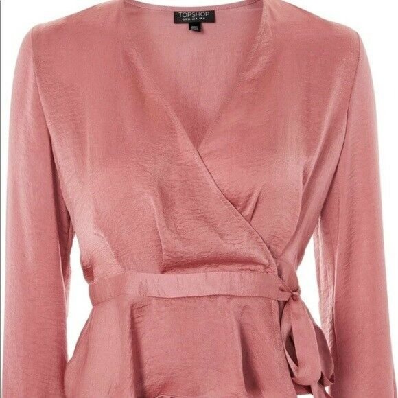 Topshop Women's Blouson Sleeve Wrap Blouse Pink Satin Size US 2 EUR 34 - Picture 2 of 12